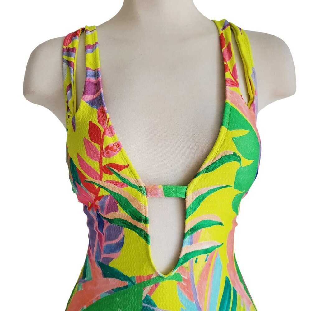 Becca Rebecca Virtue Costa Bella Yellow Tropical Print Plunge One Piece Swimsuit - Picture 4 of 16